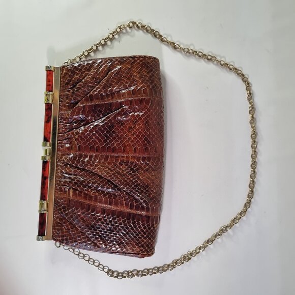 Vintage Brown Faux Snakeskin Clutch Bag with Tortoiseshell Handle & Gold Chain - Picture 2 of 6